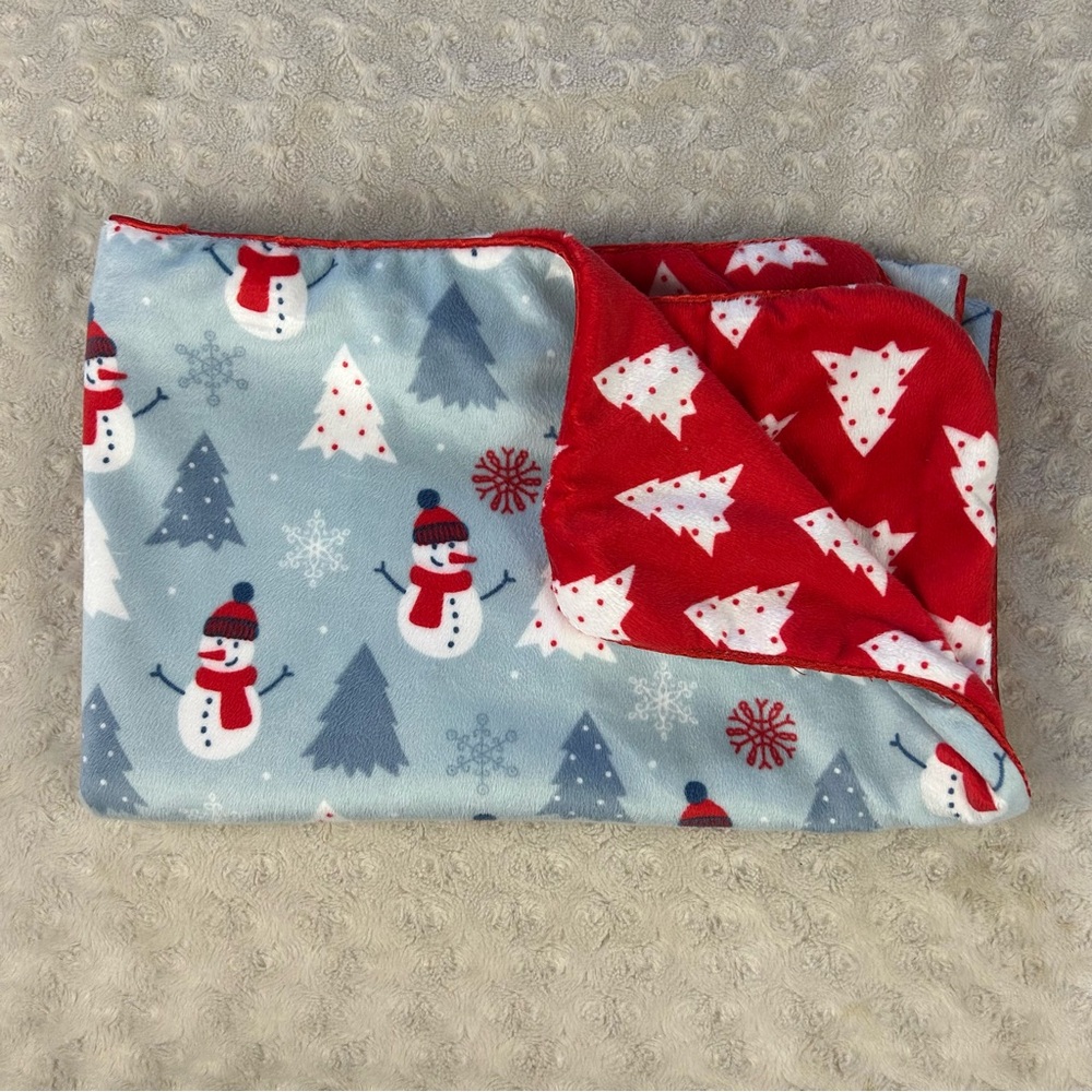 SL Home Fashions Snowman Baby Blanket Snowflakes Blue Red White Trees Christmas